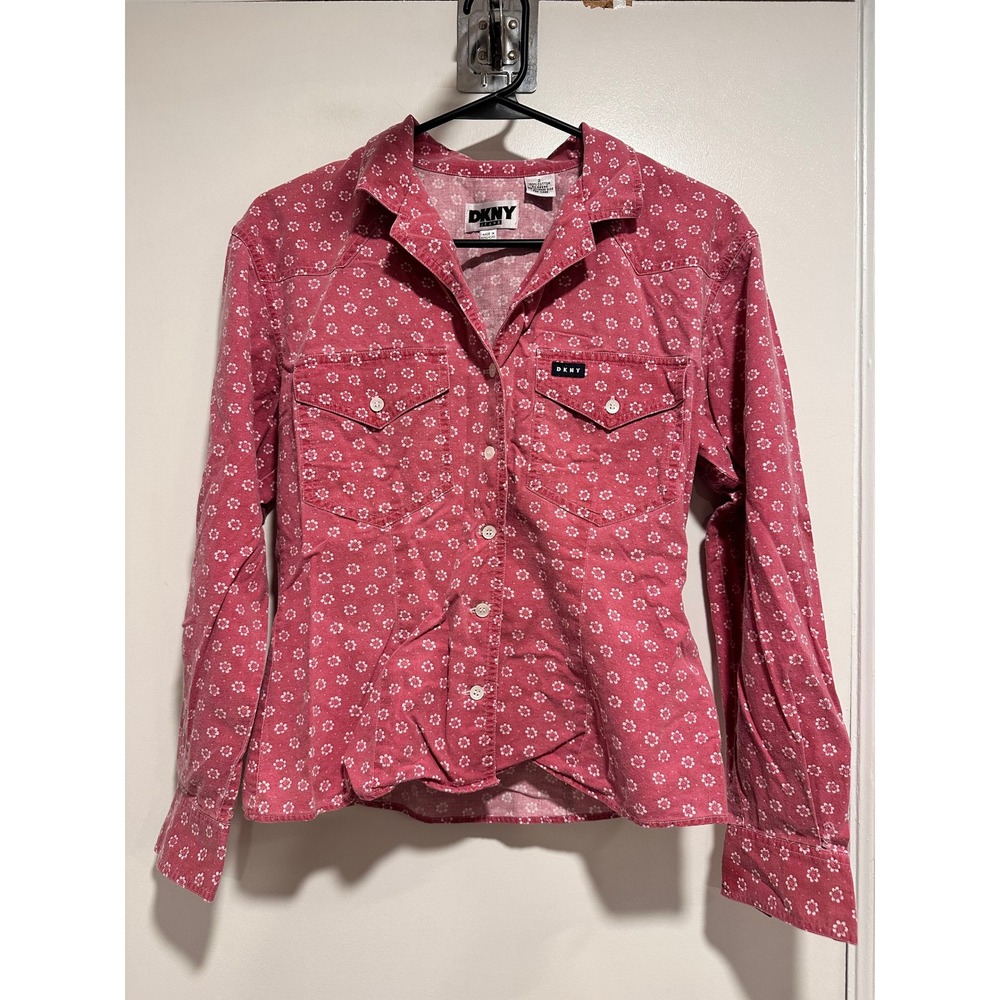 VTG DKNY Jeans Western Floral Button Up Shirt Sz:2 Red Long Sleeve Cotton Top